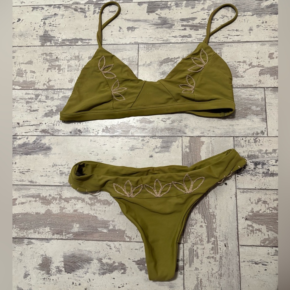 Olive Green Embroidered Bikini Set